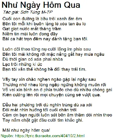 Bài Hát Như Ngày Hôm Qua Tiếng Nhật