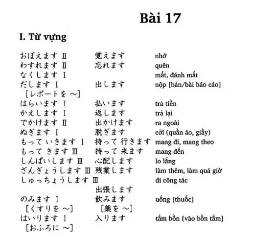 Từ Vựng Tiếng Nhật Bài 17