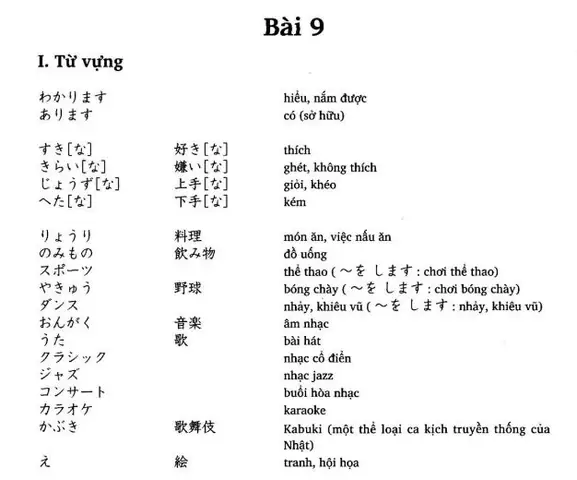 Từ Vựng Tiếng Nhật Bài 9